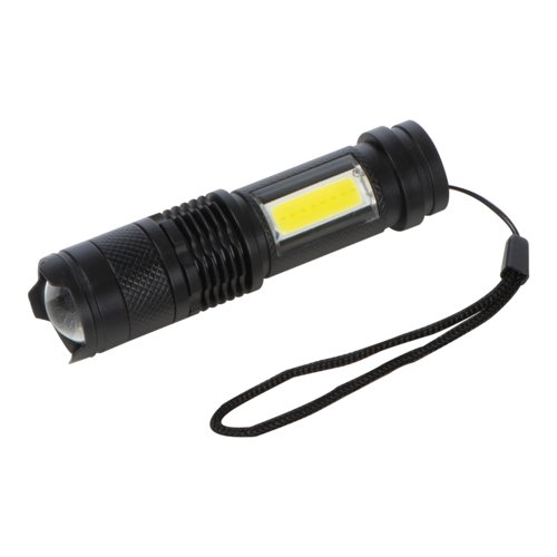Torcia nera ricaricabile con cinturino da polso.