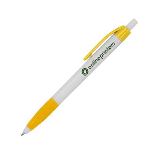 Penne a sfera in plastica gialla con clip e pulsante.