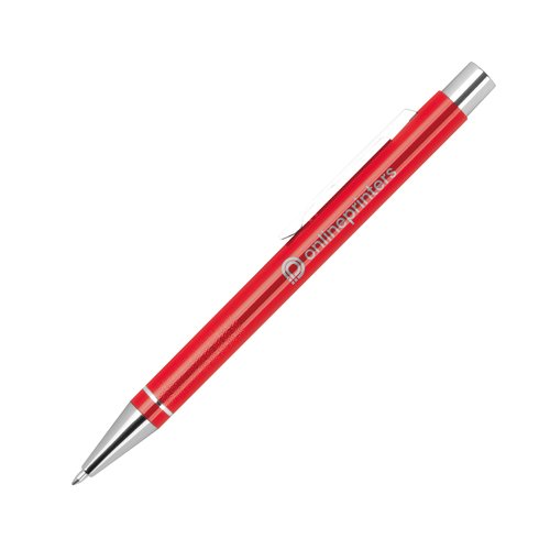 Penna gel rossa con clip e meccanismo a scatto.