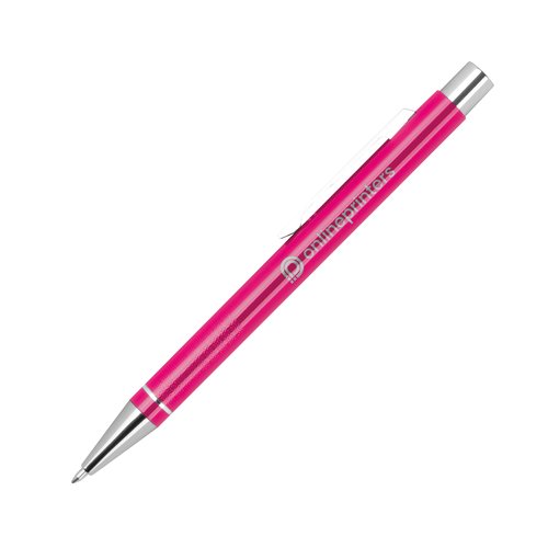 Penna gel rosa con clip e meccanismo a scatto.