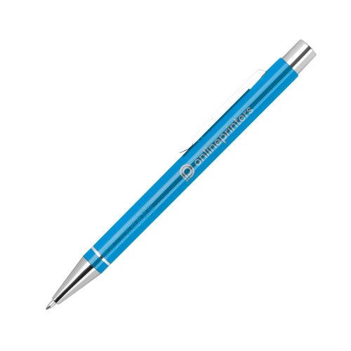 Penna gel turchese con clip e meccanismo a scatto.