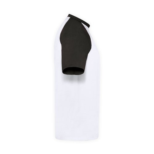 T-shirt bianca in cotone con maniche nere e girocollo.
