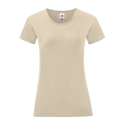 T-shirt beige in cotone da donna con collo rotondo e maniche corte.