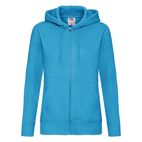 Giacca con cappuccio da donna in misto cotone blu azzurro con zip integrale e tasche.