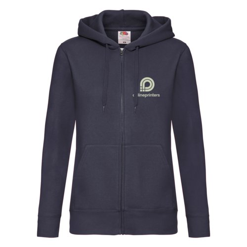 Giacca con cappuccio da donna blu scuro con zip integrale.