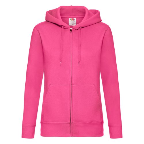 Giacca con cappuccio da donna rosa in misto cotone con zip integrale e tasca a marsupio.