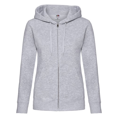 Giacca con cappuccio da donna in misto cotone-poliestere grigio mlange con zip integrale e tasche.