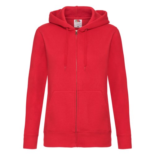Giacca con cappuccio rossa in misto cotone con zip integrale e coulisse.