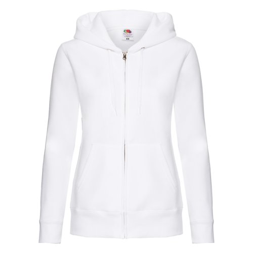 Felpa bianca con cappuccio in misto cotone, zip integrale e tasche.