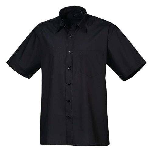 Camicia nera a maniche corte da uomo in poliestere e cotone con abbottonatura.