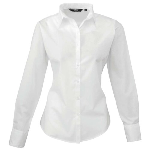 Camicetta bianca in popeline misto poliestere-cotone con maniche lunghe.
