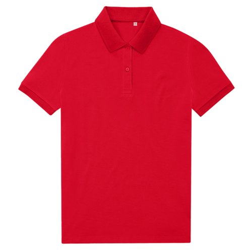 Polo rosso in misto cotone-poliestere riciclato, modello da donna.