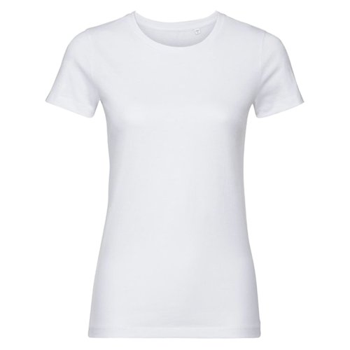 T-shirt bianca da donna in cotone organico a maniche corte.