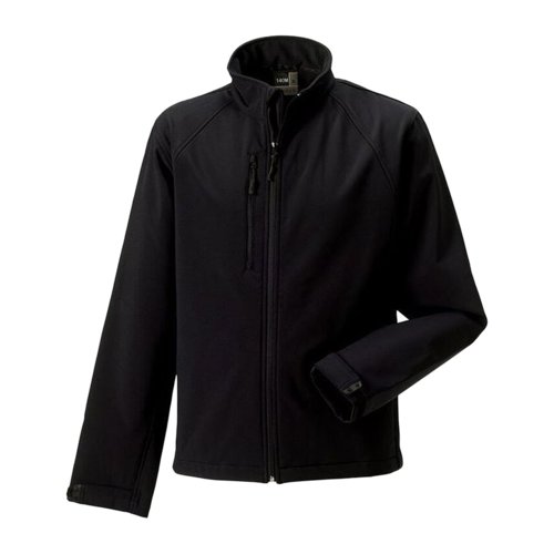 Giacca softshell nera in poliestere ed elastan da uomo con cerniera.