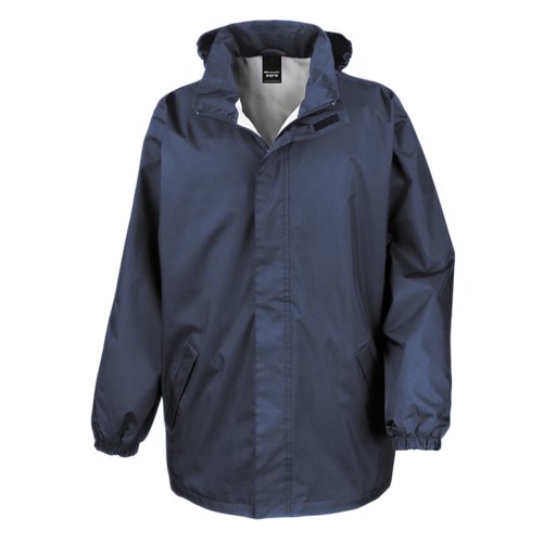 Giacca da pioggia blu navy in poliestere da uomo con cappuccio.