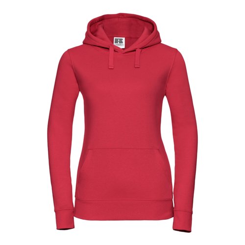 Felpa rossa da donna in cotone-poliestere con cappuccio e tasca a marsupio.