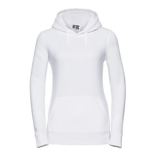 Felpa bianca da donna in cotone-poliestere con cappuccio e tasca a marsupio.