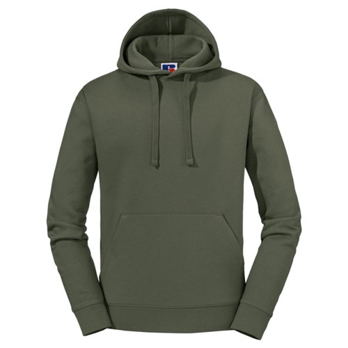 Felpa con cappuccio verde oliva in misto cotone-poliestere con coulisse e tasca a marsupio.