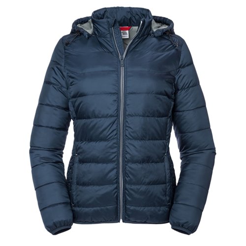 Giacca trapuntata da donna blu navy in poliestere con cappuccio.