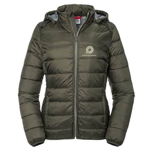 Giacca trapuntata verde da donna con cappuccio e zip integrale.