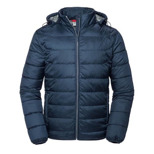 Giacca trapuntata blu navy in poliestere con cappuccio da uomo.