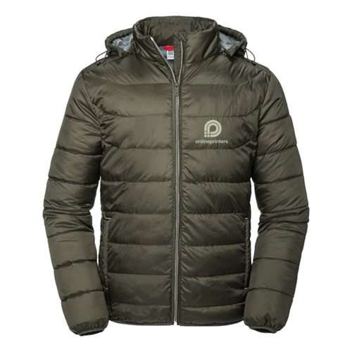 Giacca trapuntata verde in materiale leggero con cappuccio da uomo.