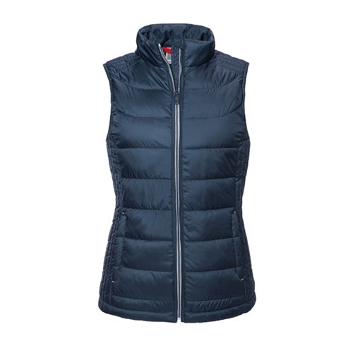 Gilet trapuntato blu navy in poliestere da donna con cerniera intera.