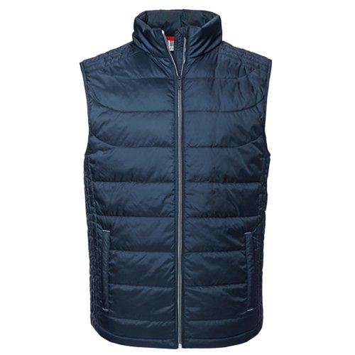Gilet trapuntato blu navy in poliestere con cerniera integrale.
