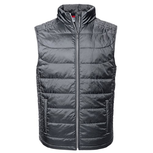 Gilet imbottito grigio in poliestere con zip integrale e tasche.