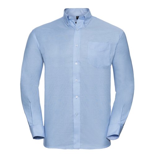 Camicia blu in cotone-poliestere con maniche lunghe e abbottonatura.