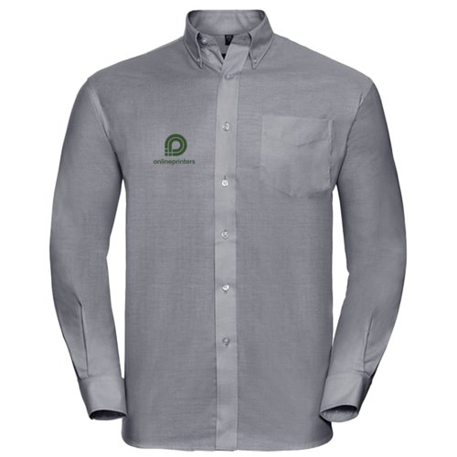 Camicia Oxford grigia da uomo con abbottonatura e taschino sul petto.