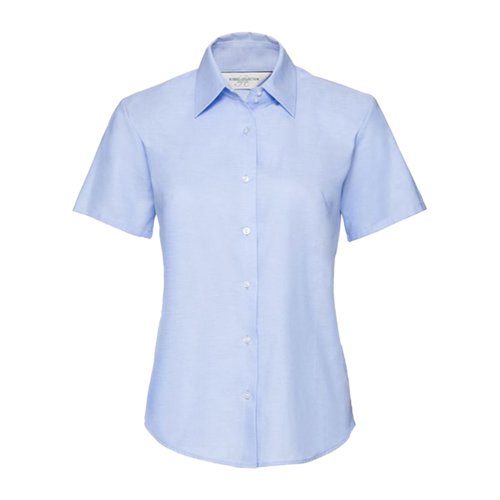 Camicetta blu Oxford in misto cotone-poliestere con maniche corte e abbottonatura.