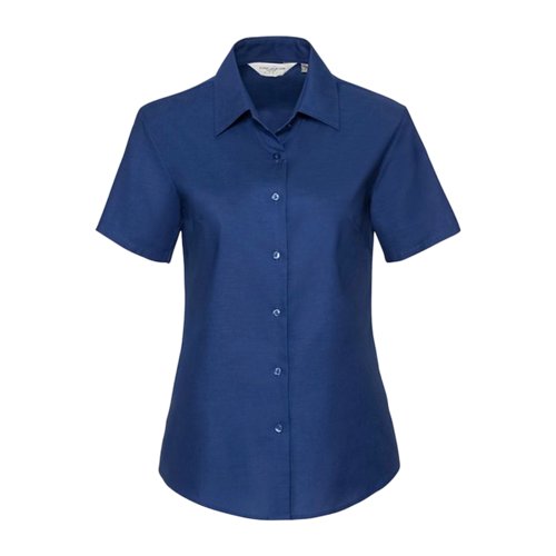 Camicetta blu in misto cotone con maniche corte e abbottonatura.