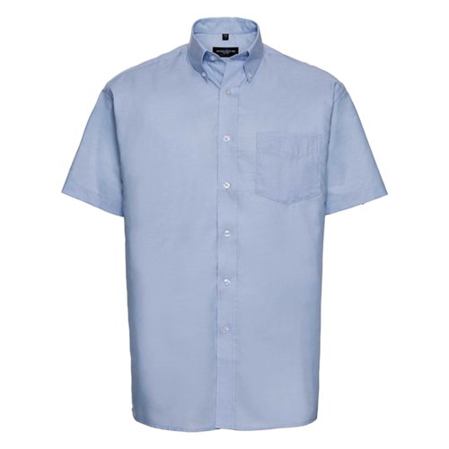 Camicia a maniche corte blu Oxford in misto cotone-poliestere con abbottonatura e taschino.