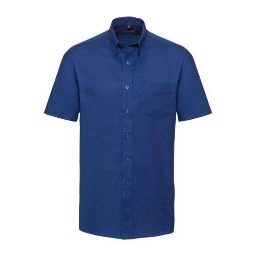 Camicia blu a maniche corte da uomo in cotone-poliestere con abbottonatura e taschino.