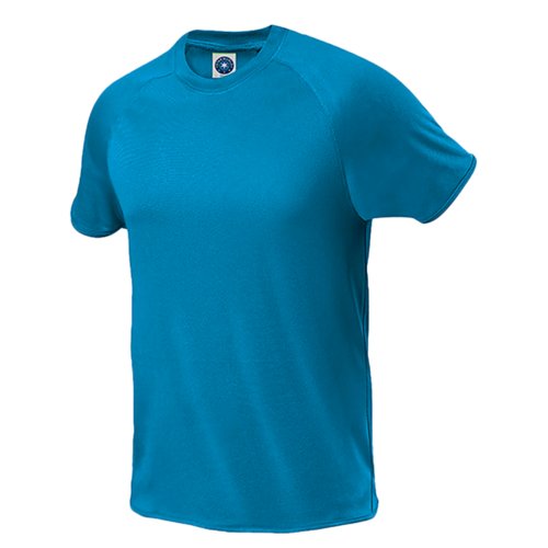 T-shirt sportiva da uomo in poliestere blu atollo con maniche corte.