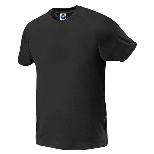 T-shirt nera in poliestere da uomo a maniche corte.