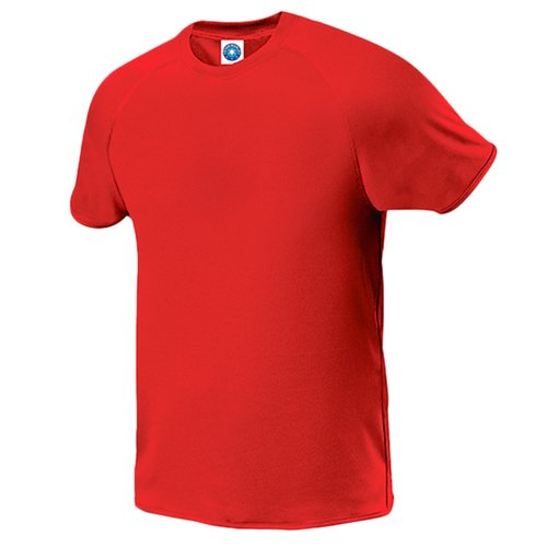 T-shirt rossa in poliestere a maniche corte.