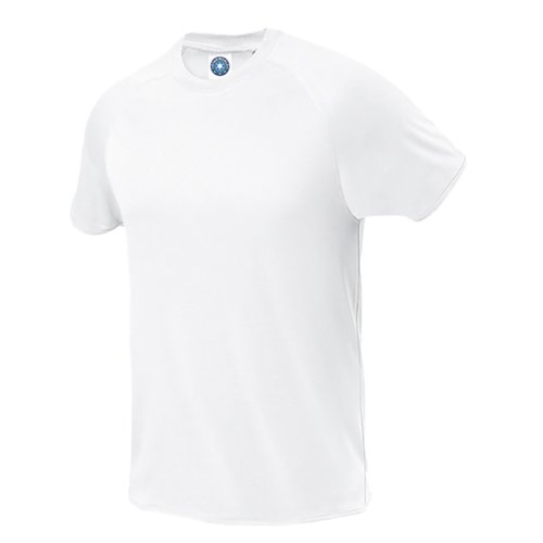 T-shirt bianca in poliestere a maniche corte.