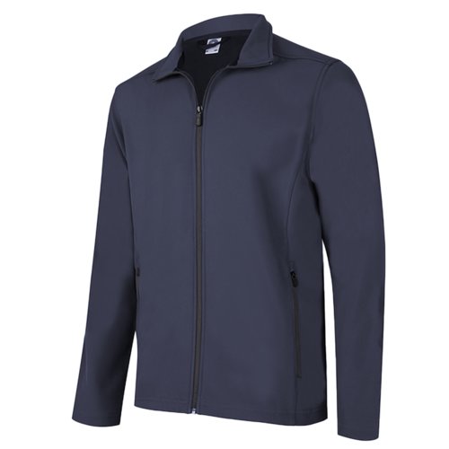 Giacca softshell nero-blu in poliestere ed elastan con cerniera.