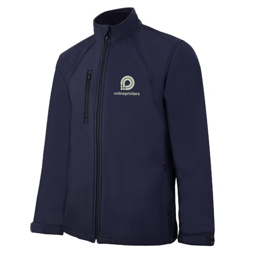 Giacca softshell blu da uomo con zip e tasche laterali.