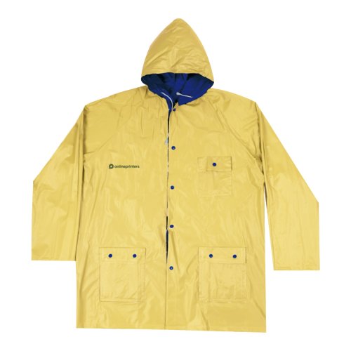Giacca antipioggia reversibile giallo/blu in materiale idrorepellente con cappuccio e tasche.