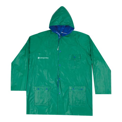 Giacca antipioggia sintetica blu-verde, reversibile con cappuccio e tasche.