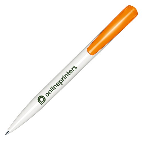 Penna a sfera in plastica bianca/arancione con meccanismo a scatto e finitura lucida.