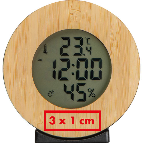 Stazione meteo in legno con display digitale e sensori.
