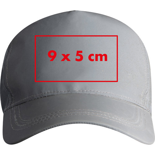 Cappellino da baseball riflettente in tessuto con cinturino regolabile.