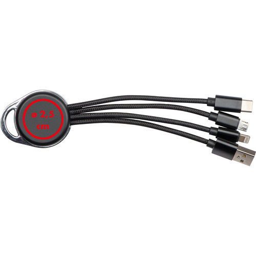 Set di cavi neri con connettori multipli e anello portachiavi.