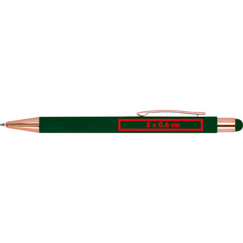 Penna a sfera verde con touch pen e clip.