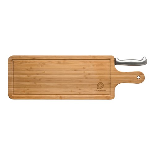 Tagliere in bamb chiaro con scanalatura e manico.