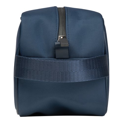 Beauty case in tessuto blu scuro con cerniera.